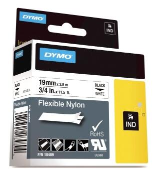 Tape DYMO Rhino nylon sort/hvit 19mm